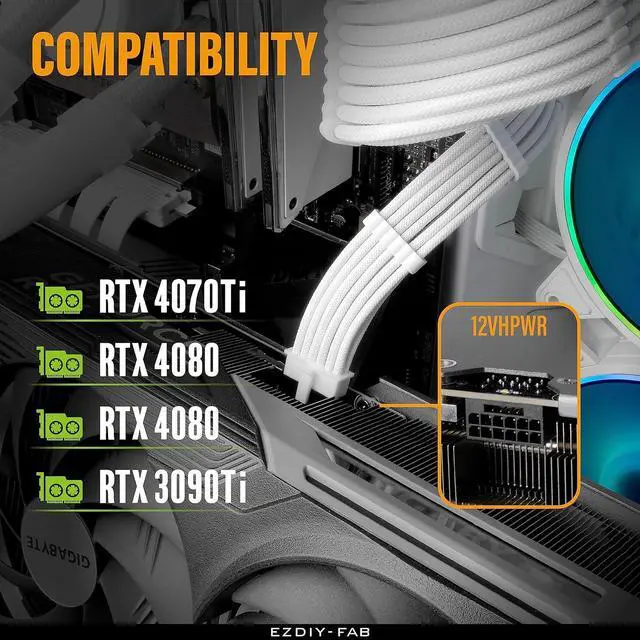 Alt view image 6 of 7 - 16AWG PCI-e 5.0 12VHPWR PSU Sleeved Cable, 600W 12+4 Pin Male to 12+4 Pin Male Cable for RTX 3090Ti/4070Ti/4080/4090, 60cm/23.62in - White