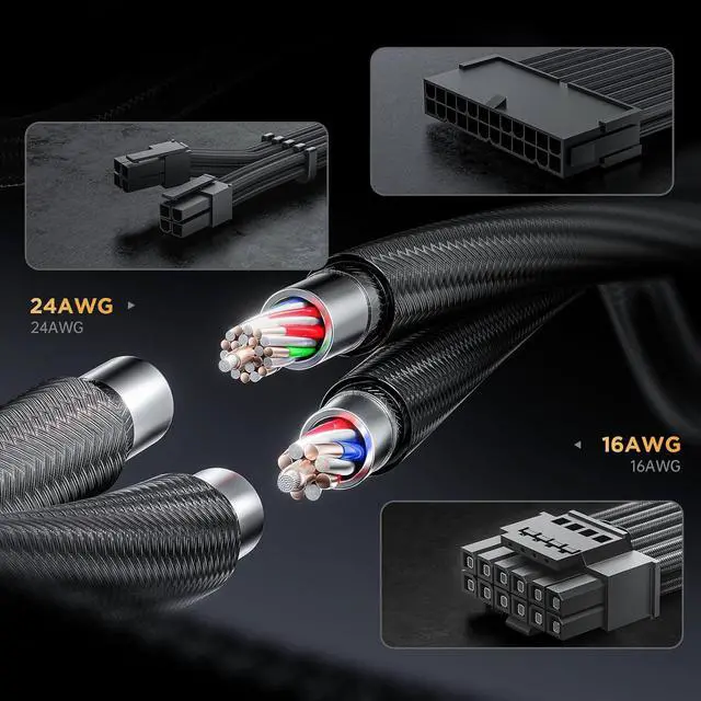 Alt view image 4 of 6 - 12VHPWR Cable Extension Kit, 16AWG Pcie 5.0 PSU Cable Extension Kit Soft Braided Power Supply Cable Extension, 24pin ATX /4+4pin EPS /12+4pin, 30CM Length