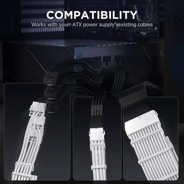 Alt view image 5 of 6 - 12VHPWR Cable Extension Kit, 16AWG Pcie 5.0 PSU Cable Extension Kit Soft Braided Power Supply Cable Extension, 24pin ATX /4+4pin EPS /12+4pin, 30CM Length - White