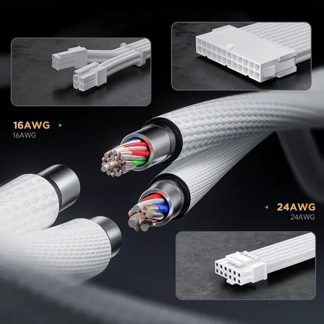 Alt view image 6 of 6 - 12VHPWR Cable Extension Kit, 16AWG Pcie 5.0 PSU Cable Extension Kit Soft Braided Power Supply Cable Extension, 24pin ATX /4+4pin EPS /12+4pin, 30CM Length - White
