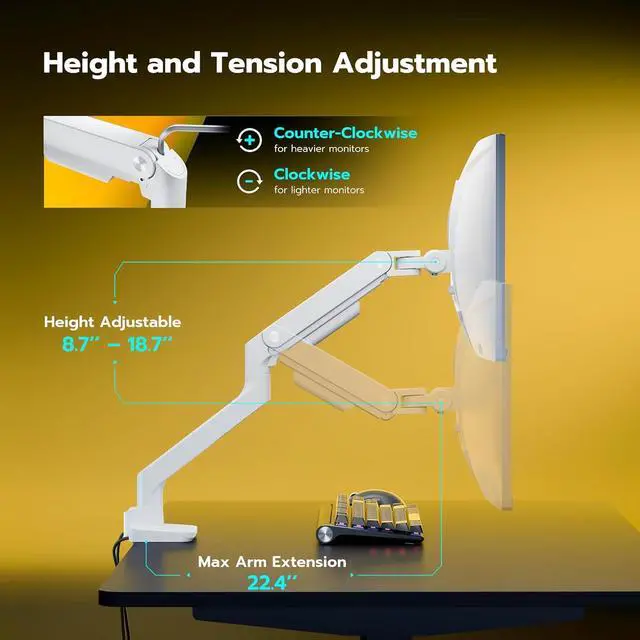 Alt view image 4 of 7 - Single Monitor Mount with USB A/C, Heavy Duty Monitor Arm for 17 to 49 inch Ultrawide Monitor, Holds 44 lbs, Adjustable Gas Spring Monitor Arm Desk Mount with Clamp and Grommet Base, White