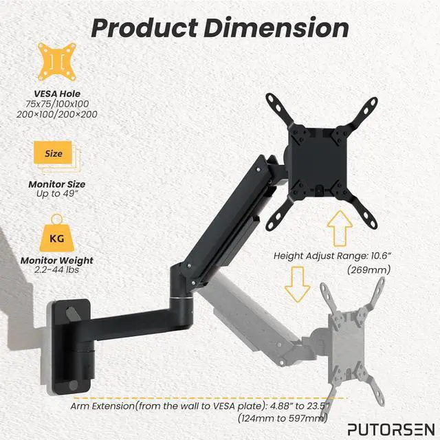 Alt view image 6 of 7 - 17-49 inch Premium Ultrawide Monitor Wall Mount, Heavy Duty Single Wall Mount Monitor Arm up to 44lbs, Fully Adjustable Single Wall Monitor Arm Wall Mount Stand, VESA 75/100/200, Black