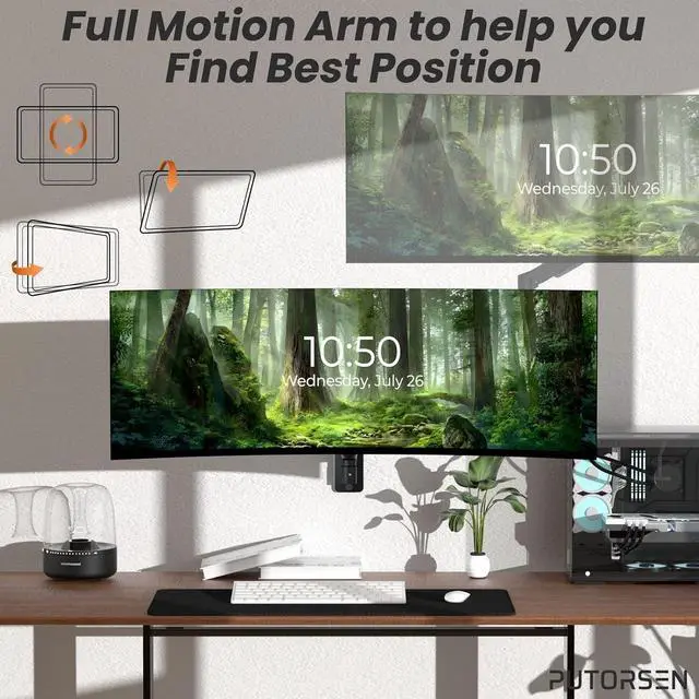 Alt view image 5 of 7 - 17-49 inch Premium Ultrawide Monitor Wall Mount, Heavy Duty Single Wall Mount Monitor Arm up to 44lbs, Fully Adjustable Single Wall Monitor Arm Wall Mount Stand, VESA 75/100/200, Black