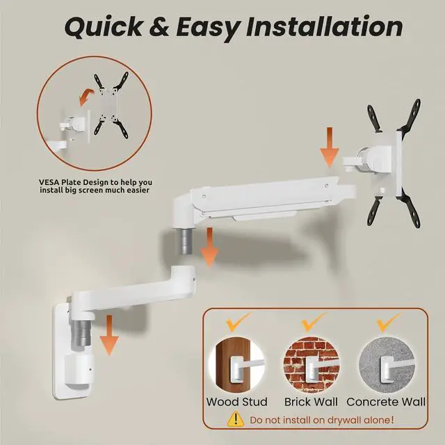 Alt view image 5 of 7 - 17-49 inch Premium Ultrawide Monitor Wall Mount, Heavy Duty Single Wall Mount Monitor Arm up to 44lbs, Fully Adjustable Single Wall Monitor Arm Wall Mount Stand, VESA 75/100/200, Black White