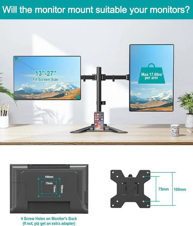Alt view image 3 of 7 - Dual Monitor Stand, Free-Standing Full Motion Monitor Desk Mount Fits 2 Screens up to 27 inches,17.6lbs with Height Adjustable, Swivel, Tilt, Rotation, VESA 75x75 100x100, Black