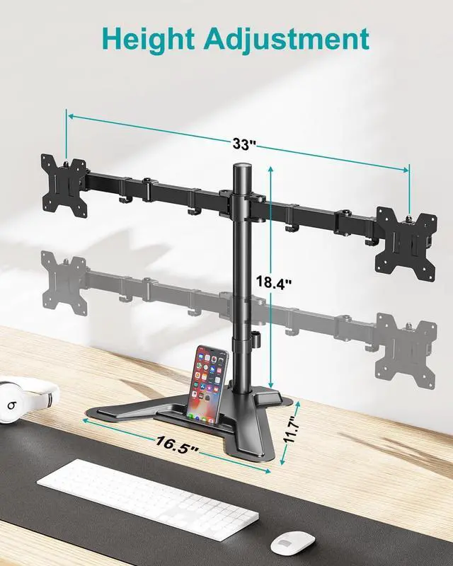 Alt view image 2 of 7 - Dual Monitor Stand, Free-Standing Full Motion Monitor Desk Mount Fits 2 Screens up to 27 inches,17.6lbs with Height Adjustable, Swivel, Tilt, Rotation, VESA 75x75 100x100, Black