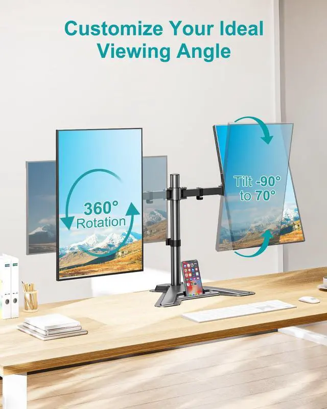 Alt view image 5 of 7 - Dual Monitor Stand, Free-Standing Full Motion Monitor Desk Mount Fits 2 Screens up to 27 inches,17.6lbs with Height Adjustable, Swivel, Tilt, Rotation, VESA 75x75 100x100, Black