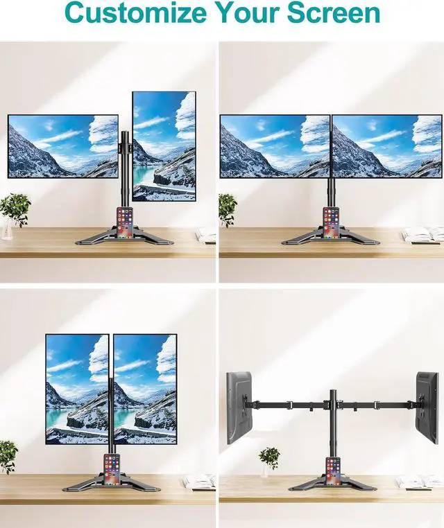 Alt view image 6 of 7 - Dual Monitor Stand, Free-Standing Full Motion Monitor Desk Mount Fits 2 Screens up to 27 inches,17.6lbs with Height Adjustable, Swivel, Tilt, Rotation, VESA 75x75 100x100, Black