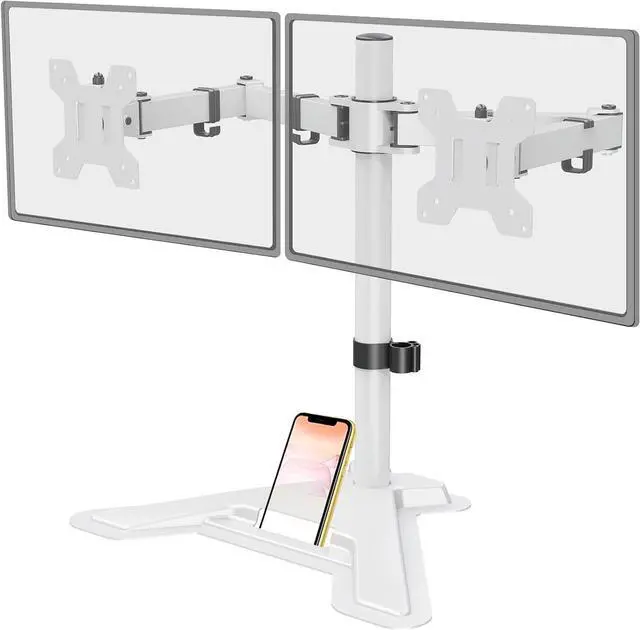 Main image of Dual Monitor Stand, Free-Standing Full Motion Monitor Desk Mount Fits 2 Screens up to 27 inches,17.6lbs with Height Adjustable, Swivel, Tilt, Rotation, VESA 75x75 100x100, White
