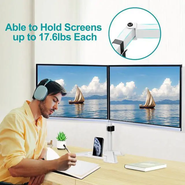 Alt view image 2 of 7 - Dual Monitor Stand, Free-Standing Full Motion Monitor Desk Mount Fits 2 Screens up to 27 inches,17.6lbs with Height Adjustable, Swivel, Tilt, Rotation, VESA 75x75 100x100, White