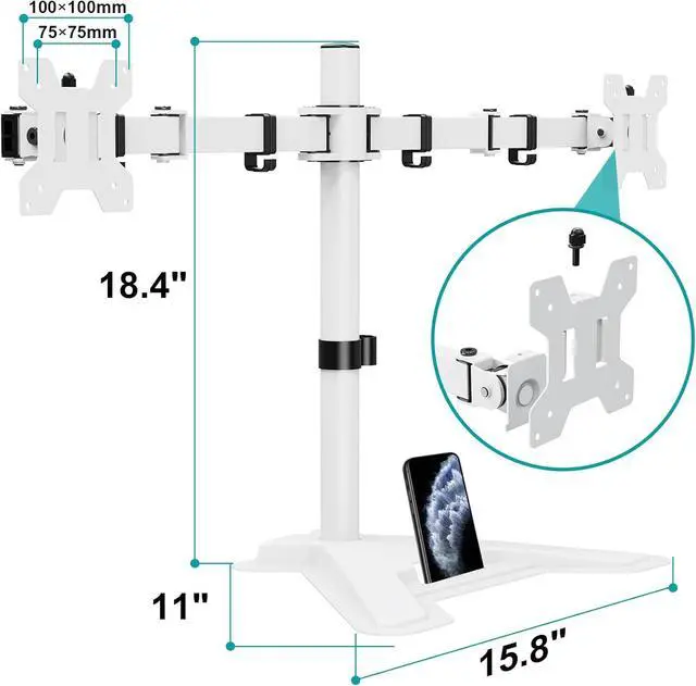 Alt view image 7 of 7 - Dual Monitor Stand, Free-Standing Full Motion Monitor Desk Mount Fits 2 Screens up to 27 inches,17.6lbs with Height Adjustable, Swivel, Tilt, Rotation, VESA 75x75 100x100, White
