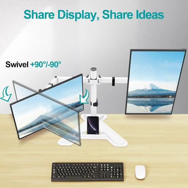 Alt view image 4 of 7 - Dual Monitor Stand, Free-Standing Full Motion Monitor Desk Mount Fits 2 Screens up to 27 inches,17.6lbs with Height Adjustable, Swivel, Tilt, Rotation, VESA 75x75 100x100, White