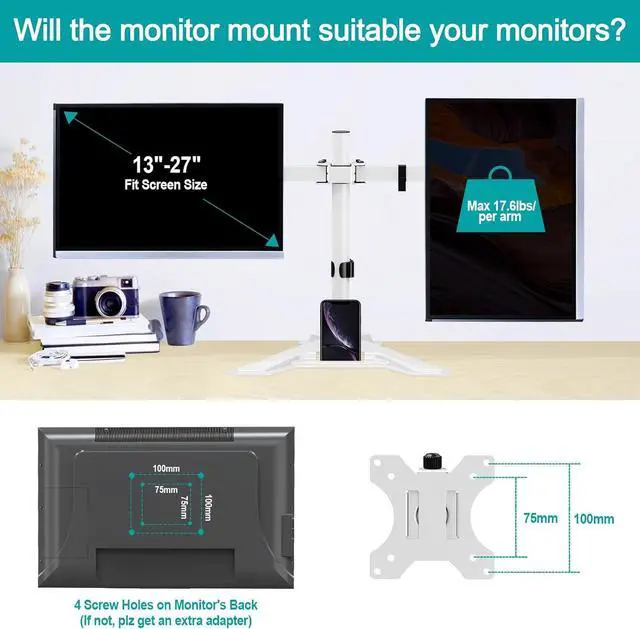 Alt view image 6 of 7 - Dual Monitor Stand, Free-Standing Full Motion Monitor Desk Mount Fits 2 Screens up to 27 inches,17.6lbs with Height Adjustable, Swivel, Tilt, Rotation, VESA 75x75 100x100, White