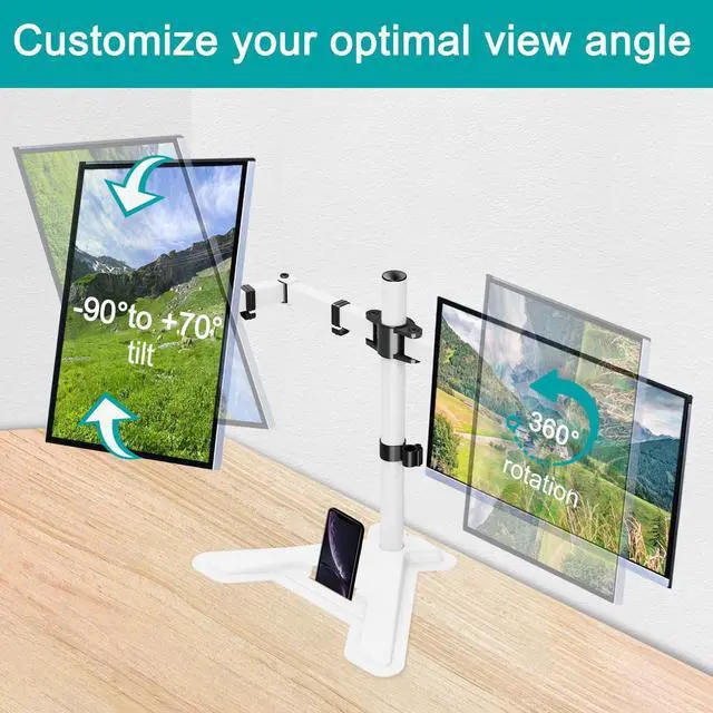 Alt view image 5 of 7 - Dual Monitor Stand, Free-Standing Full Motion Monitor Desk Mount Fits 2 Screens up to 27 inches,17.6lbs with Height Adjustable, Swivel, Tilt, Rotation, VESA 75x75 100x100, White