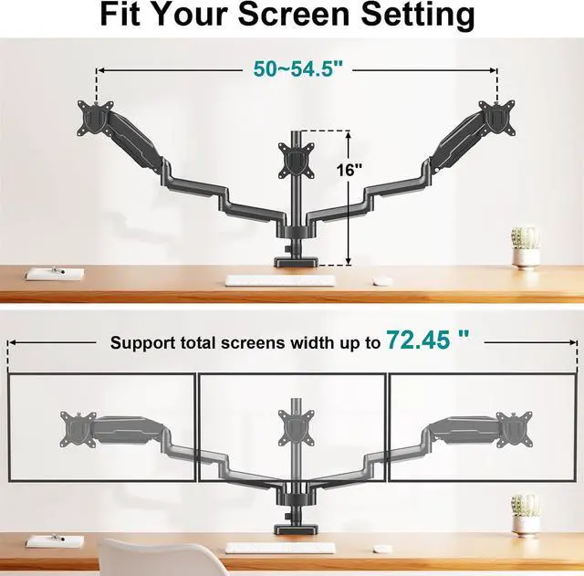Alt view image 2 of 7 - Triple Monitor Desk Mount - Articulating Gas Spring Monitor Arm, Removable VESA Mount Desk Stand with Clamp and Grommet Base - Fits 13 to 27 Inch LCD Computer Monitors, VESA 75x75, 100x100