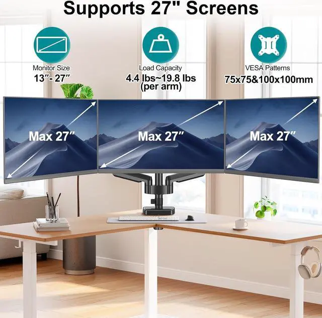 Alt view image 6 of 7 - Triple Monitor Desk Mount - Articulating Gas Spring Monitor Arm, Removable VESA Mount Desk Stand with Clamp and Grommet Base - Fits 13 to 27 Inch LCD Computer Monitors, VESA 75x75, 100x100