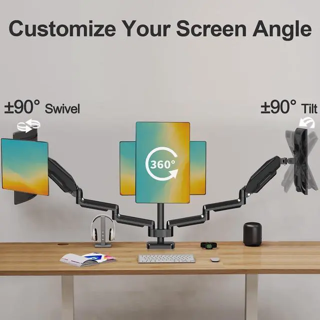 Alt view image 3 of 7 - Triple Monitor Mount, 3 Monitor Desk Mount for There Screens up to 32 Inch, Full Motion Gas Spring Triple Monitor Stand, Heavy Duty Monitor Arm Hold up to 17.6lbs Each, VESA Mount, Black