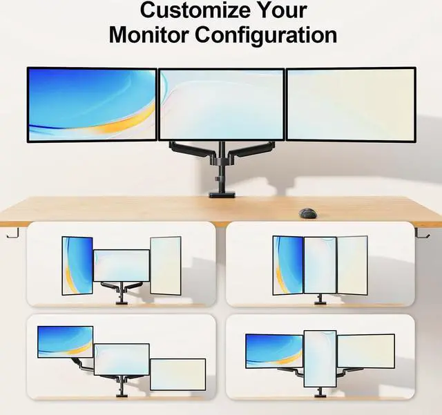Alt view image 4 of 7 - Triple Monitor Mount, 3 Monitor Desk Mount for There Screens up to 32 Inch, Full Motion Gas Spring Triple Monitor Stand, Heavy Duty Monitor Arm Hold up to 17.6lbs Each, VESA Mount, Black