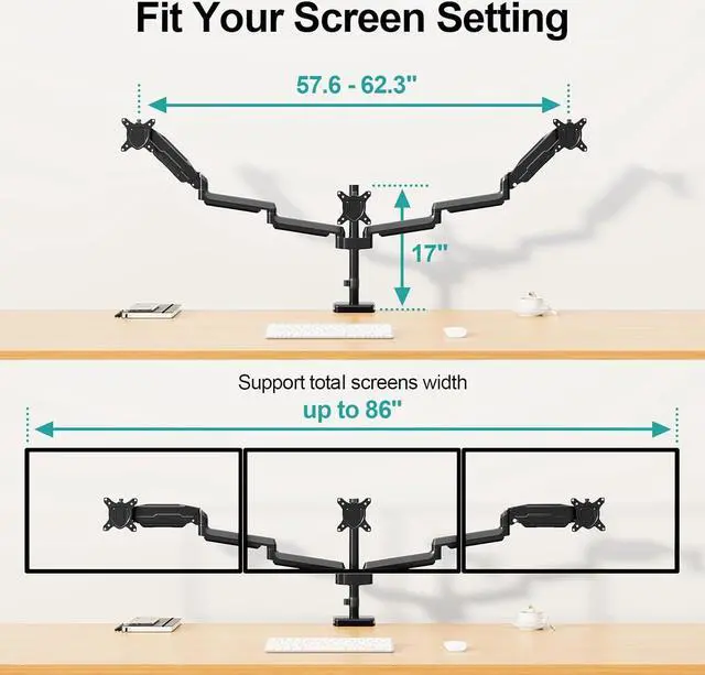 Alt view image 6 of 7 - Triple Monitor Mount, 3 Monitor Desk Mount for There Screens up to 32 Inch, Full Motion Gas Spring Triple Monitor Stand, Heavy Duty Monitor Arm Hold up to 17.6lbs Each, VESA Mount, Black