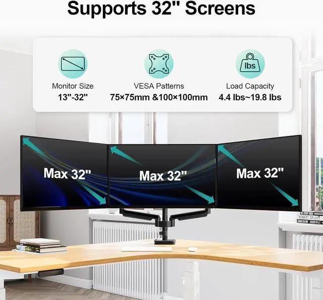 Alt view image 5 of 7 - Triple Monitor Mount, 3 Monitor Desk Mount for There Screens up to 32 Inch, Full Motion Gas Spring Triple Monitor Stand, Heavy Duty Monitor Arm Hold up to 17.6lbs Each, VESA Mount, Black