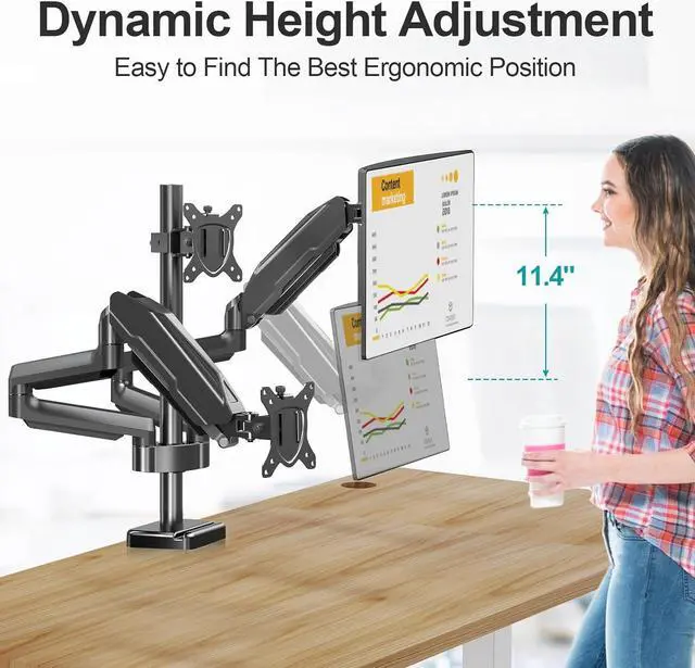 Alt view image 7 of 7 - Triple Monitor Mount, 3 Monitor Desk Mount for There Screens up to 32 Inch, Full Motion Gas Spring Triple Monitor Stand, Heavy Duty Monitor Arm Hold up to 17.6lbs Each, VESA Mount, Black