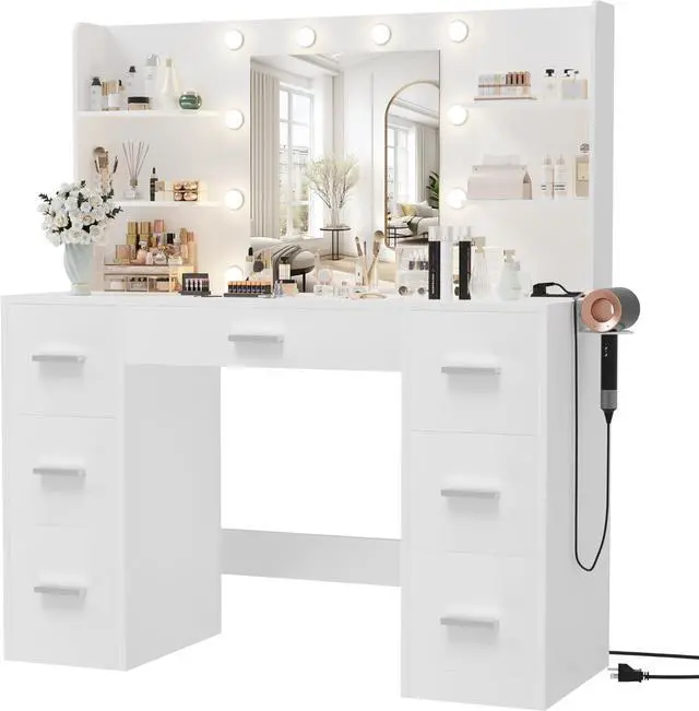 Main image of Vanity Desk with Mirror, LED Lights and Power Outlet Makeup Vanity Table with 7 Drawers and 6 Storage Shelves Dressing Table for Bedroom Dressing Room (White)