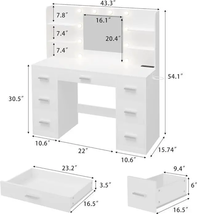 Alt view image 3 of 7 - Vanity Desk with Mirror, LED Lights and Power Outlet Makeup Vanity Table with 7 Drawers and 6 Storage Shelves Dressing Table for Bedroom Dressing Room (White)