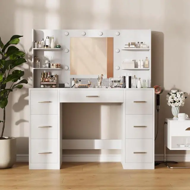 Alt view image 5 of 7 - Vanity Desk with Mirror, LED Lights and Power Outlet Makeup Vanity Table with 7 Drawers and 6 Storage Shelves Dressing Table for Bedroom Dressing Room (White)