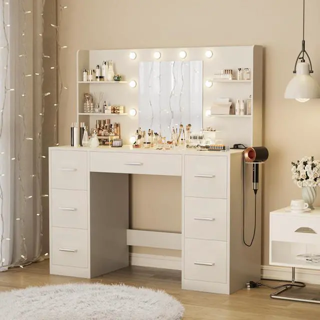 Alt view image 2 of 7 - Vanity Desk with Mirror, LED Lights and Power Outlet Makeup Vanity Table with 7 Drawers and 6 Storage Shelves Dressing Table for Bedroom Dressing Room (White)