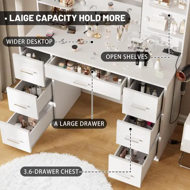Alt view image 6 of 7 - Vanity Desk with Mirror, LED Lights and Power Outlet Makeup Vanity Table with 7 Drawers and 6 Storage Shelves Dressing Table for Bedroom Dressing Room (White)