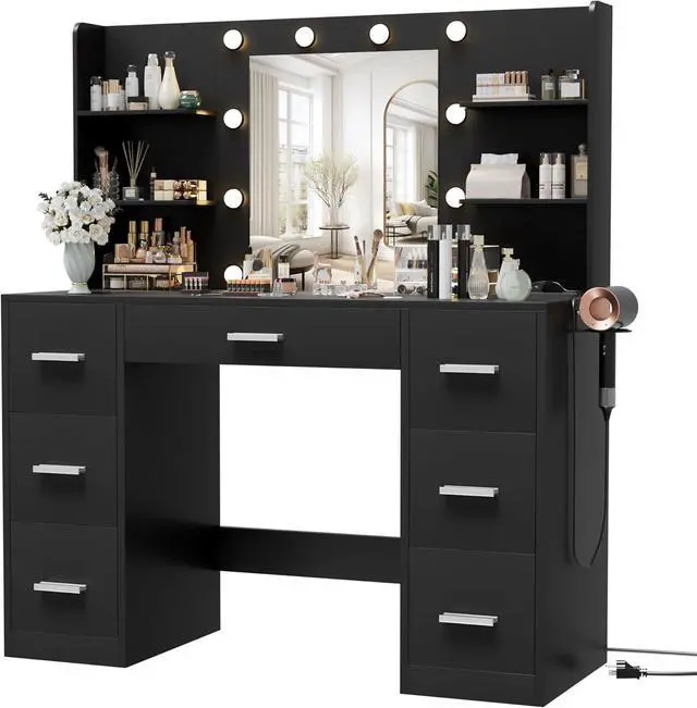Main image of Vanity Desk with Mirror, LED Lights and Power Outlet Makeup Vanity Table with 7 Drawers and 6 Storage Shelves Dressing Table for Bedroom Dressing Room Black
