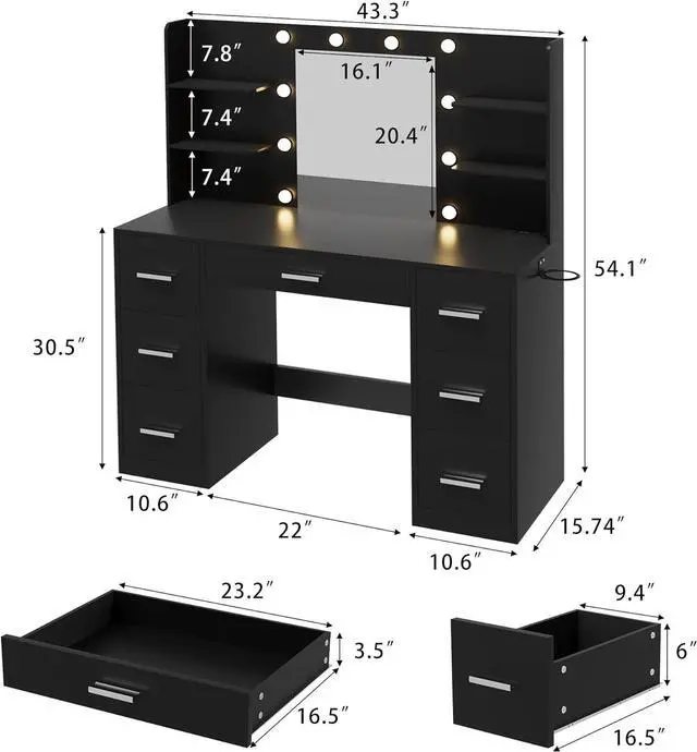Alt view image 3 of 7 - Vanity Desk with Mirror, LED Lights and Power Outlet Makeup Vanity Table with 7 Drawers and 6 Storage Shelves Dressing Table for Bedroom Dressing Room Black