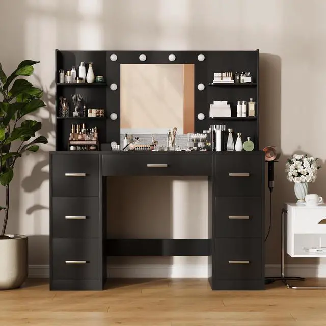 Alt view image 5 of 7 - Vanity Desk with Mirror, LED Lights and Power Outlet Makeup Vanity Table with 7 Drawers and 6 Storage Shelves Dressing Table for Bedroom Dressing Room Black