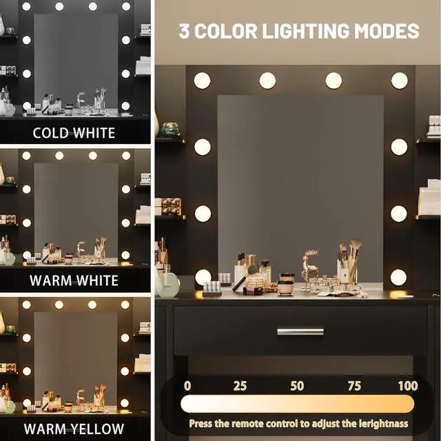 Alt view image 4 of 7 - Vanity Desk with Mirror, LED Lights and Power Outlet Makeup Vanity Table with 7 Drawers and 6 Storage Shelves Dressing Table for Bedroom Dressing Room Black