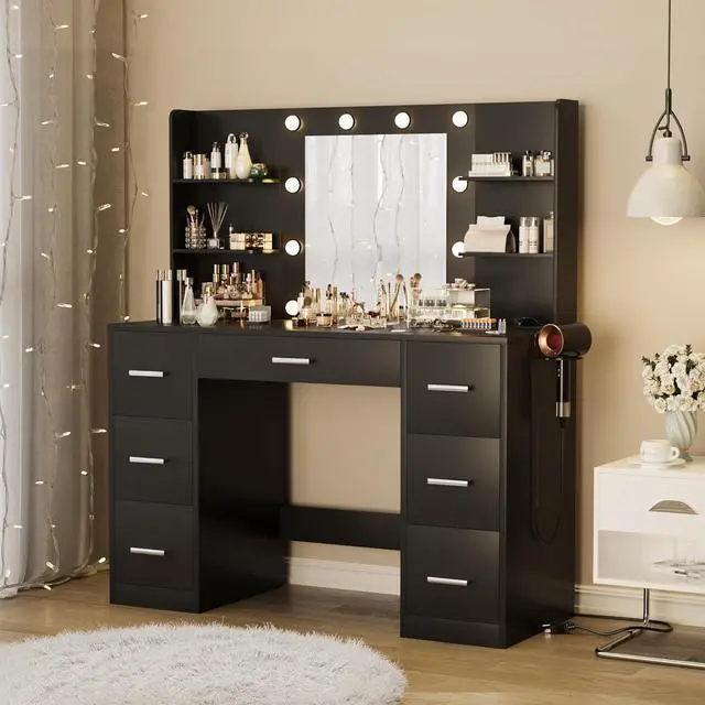 Alt view image 2 of 7 - Vanity Desk with Mirror, LED Lights and Power Outlet Makeup Vanity Table with 7 Drawers and 6 Storage Shelves Dressing Table for Bedroom Dressing Room Black