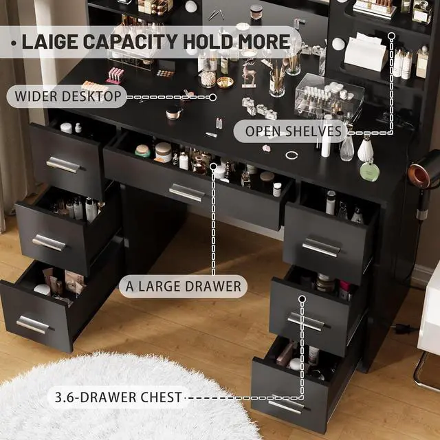 Alt view image 6 of 7 - Vanity Desk with Mirror, LED Lights and Power Outlet Makeup Vanity Table with 7 Drawers and 6 Storage Shelves Dressing Table for Bedroom Dressing Room Black
