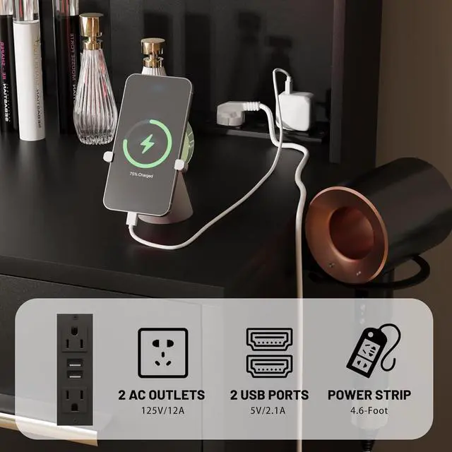 Alt view image 7 of 7 - Vanity Desk with Mirror, LED Lights and Power Outlet Makeup Vanity Table with 7 Drawers and 6 Storage Shelves Dressing Table for Bedroom Dressing Room Black