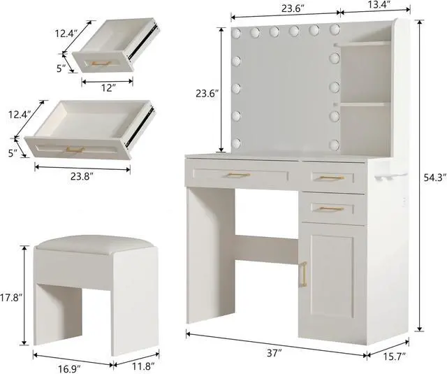 Alt view image 6 of 7 - Vanity Desk with Mirror and Lights, 37" Vanity Desk with Bulbs & Power Outlet, 3 Colors Lighting Adjustable Brightness, Makeup Vanity Desk with Cushioned Chair and Cabinet, 3 Drawers, White