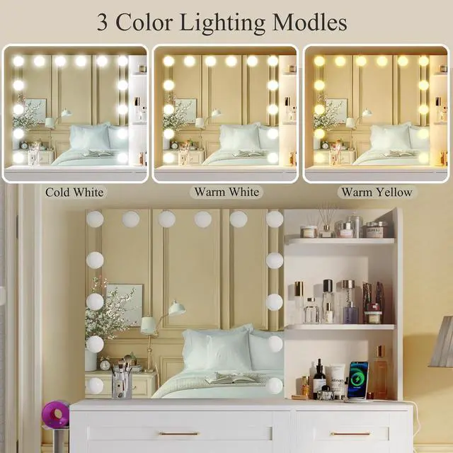 Alt view image 3 of 7 - Vanity Desk with Mirror and Lights, 37" Vanity Desk with Bulbs & Power Outlet, 3 Colors Lighting Adjustable Brightness, Makeup Vanity Desk with Cushioned Chair and Cabinet, 3 Drawers, White
