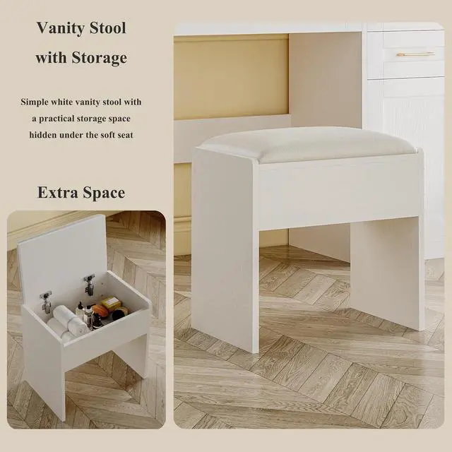 Alt view image 5 of 7 - Vanity Desk with Mirror and Lights, 37" Vanity Desk with Bulbs & Power Outlet, 3 Colors Lighting Adjustable Brightness, Makeup Vanity Desk with Cushioned Chair and Cabinet, 3 Drawers, White