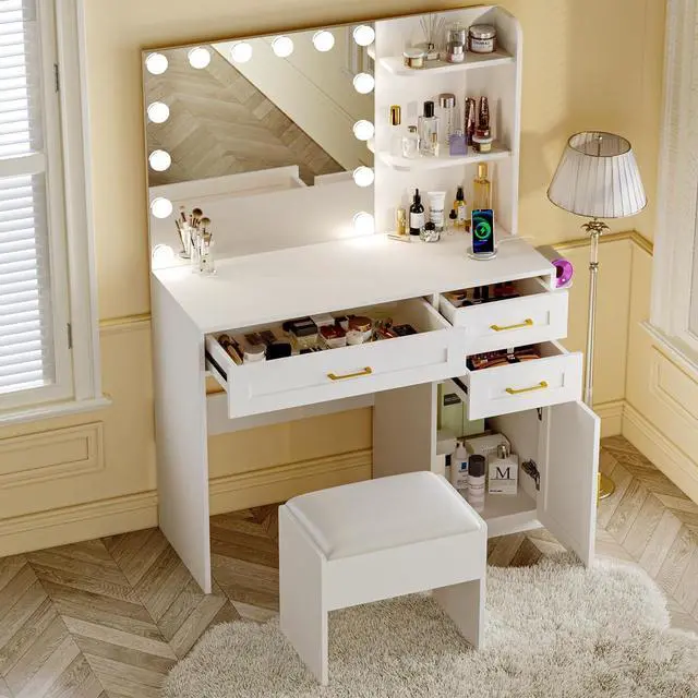 Alt view image 2 of 7 - Vanity Desk with Mirror and Lights, 37" Vanity Desk with Bulbs & Power Outlet, 3 Colors Lighting Adjustable Brightness, Makeup Vanity Desk with Cushioned Chair and Cabinet, 3 Drawers, White