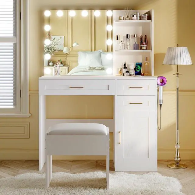 Main image of Vanity Desk with Mirror and Lights, 37" Vanity Desk with Bulbs & Power Outlet, 3 Colors Lighting Adjustable Brightness, Makeup Vanity Desk with Cushioned Chair and Cabinet, 3 Drawers, White