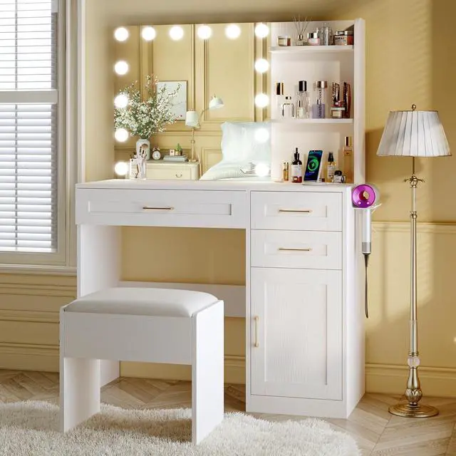 Alt view image 7 of 7 - Vanity Desk with Mirror and Lights, 37" Vanity Desk with Bulbs & Power Outlet, 3 Colors Lighting Adjustable Brightness, Makeup Vanity Desk with Cushioned Chair and Cabinet, 3 Drawers, White