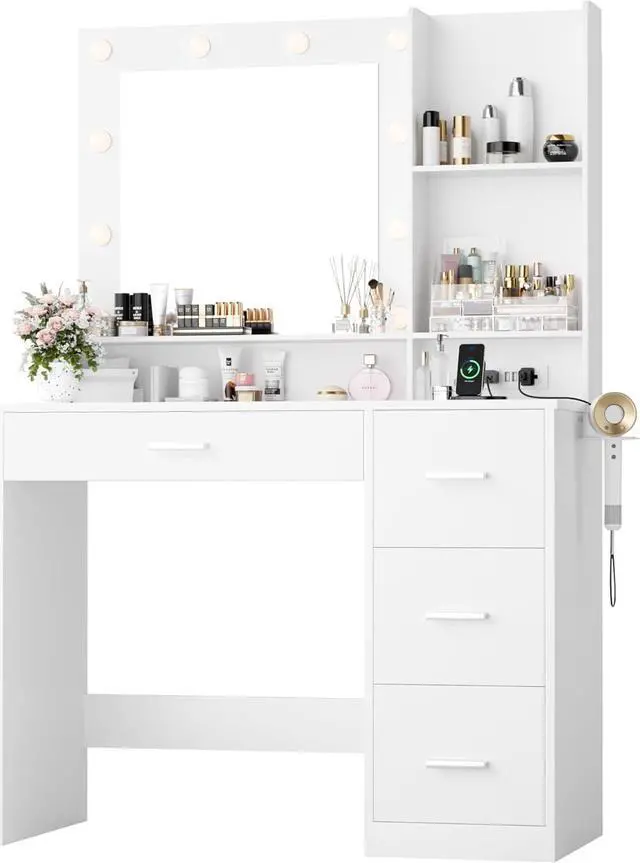 Main image of Vanity Desk with LED Lighted Mirror&Power Outlet, 39.3 Makeup Vanity Table with 4 Drawers and 3 Storage Shelves, Adjustable 3 Lighting Colorfor Bedroom&Dressing Room (White)