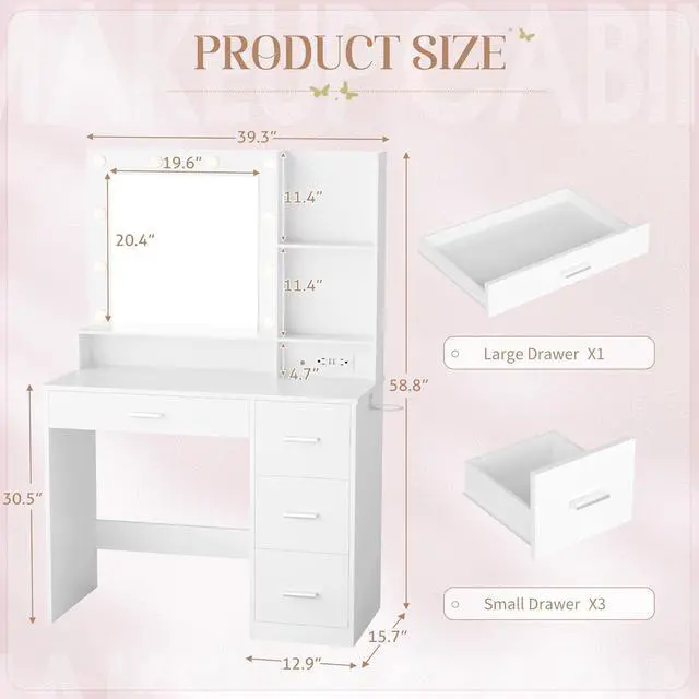 Alt view image 7 of 7 - Vanity Desk with LED Lighted Mirror&Power Outlet, 39.3 Makeup Vanity Table with 4 Drawers and 3 Storage Shelves, Adjustable 3 Lighting Colorfor Bedroom&Dressing Room (White)