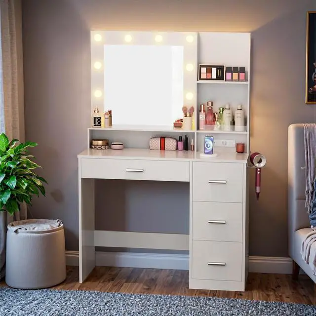 Alt view image 6 of 7 - Vanity Desk with LED Lighted Mirror&Power Outlet, 39.3 Makeup Vanity Table with 4 Drawers and 3 Storage Shelves, Adjustable 3 Lighting Colorfor Bedroom&Dressing Room (White)