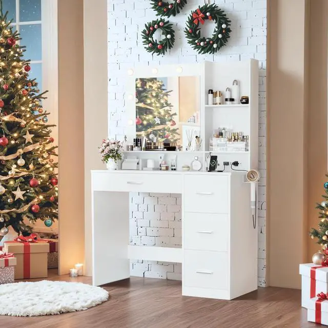 Alt view image 5 of 7 - Vanity Desk with LED Lighted Mirror&Power Outlet, 39.3 Makeup Vanity Table with 4 Drawers and 3 Storage Shelves, Adjustable 3 Lighting Colorfor Bedroom&Dressing Room (White)