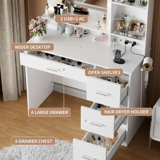 Alt view image 3 of 7 - Vanity Desk with LED Lighted Mirror&Power Outlet, 39.3 Makeup Vanity Table with 4 Drawers and 3 Storage Shelves, Adjustable 3 Lighting Colorfor Bedroom&Dressing Room (White)