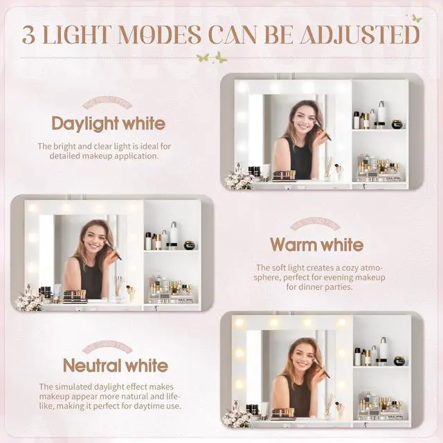 Alt view image 4 of 7 - Vanity Desk with LED Lighted Mirror&Power Outlet, 39.3 Makeup Vanity Table with 4 Drawers and 3 Storage Shelves, Adjustable 3 Lighting Colorfor Bedroom&Dressing Room (White)