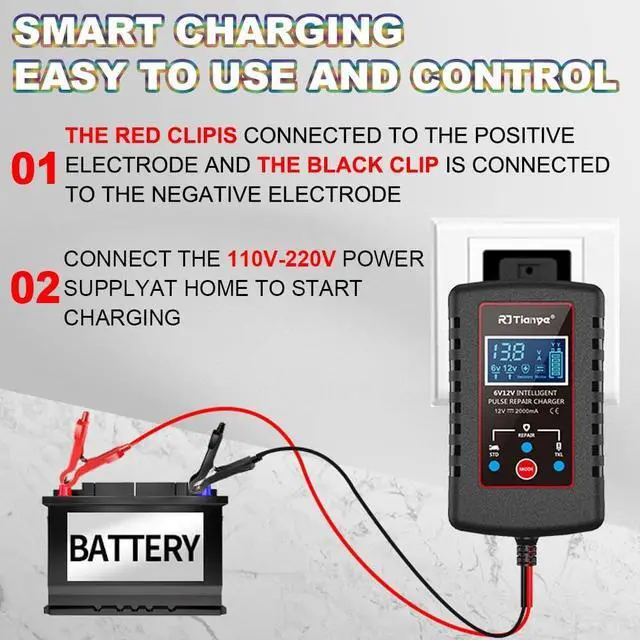 Alt view image 6 of 7 - Upgraded 2Amp Car Battery Trickle Charger 6V/12V Smart Fully Automatic 3 Mode Battery Charger Maintainer, Battery Desulfator for Lawn Mower, Motorcycle, Car, Boat, Marine Lead Acid Batteries
